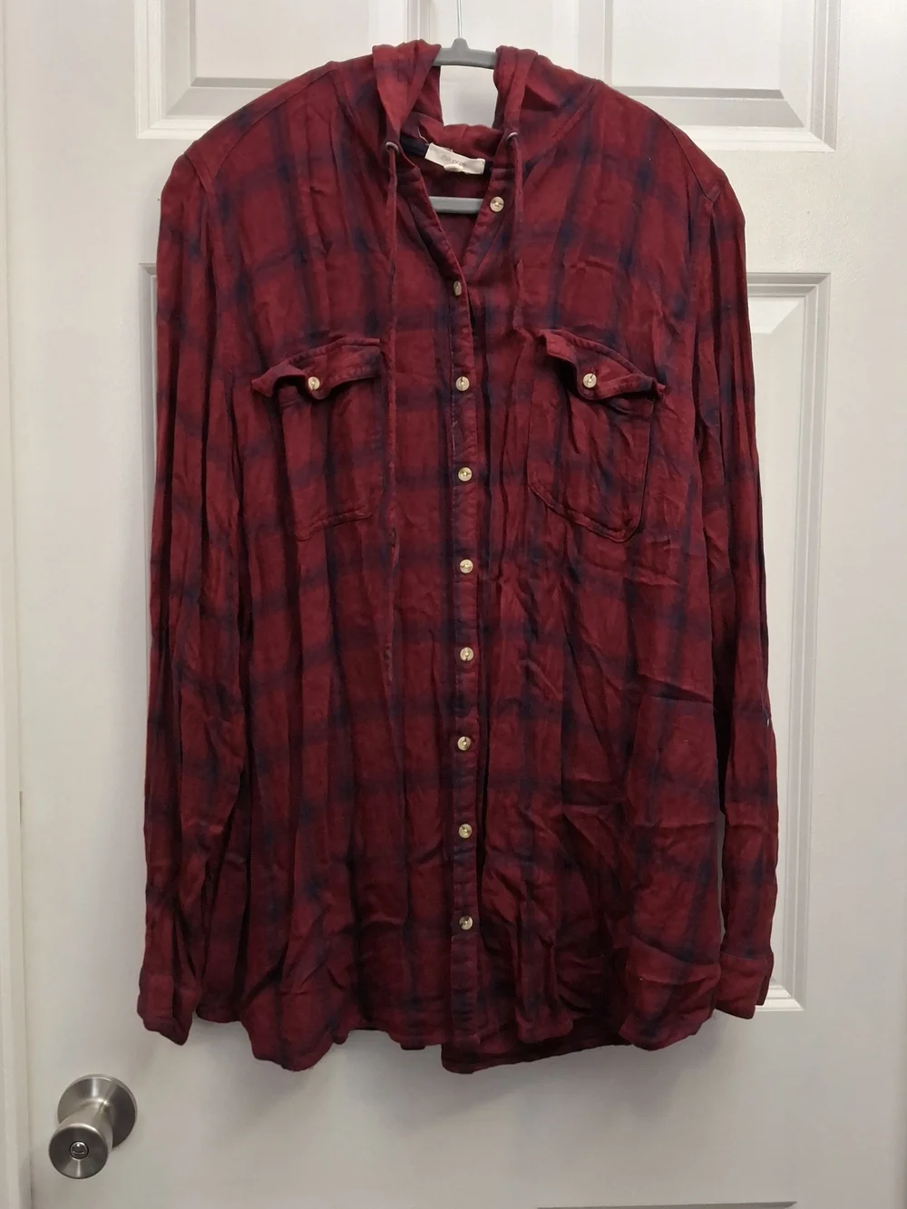 Maurices Burgundy and Navy Plaid Hooded Button-Down Shirt, 3x - Picture 1 of 6